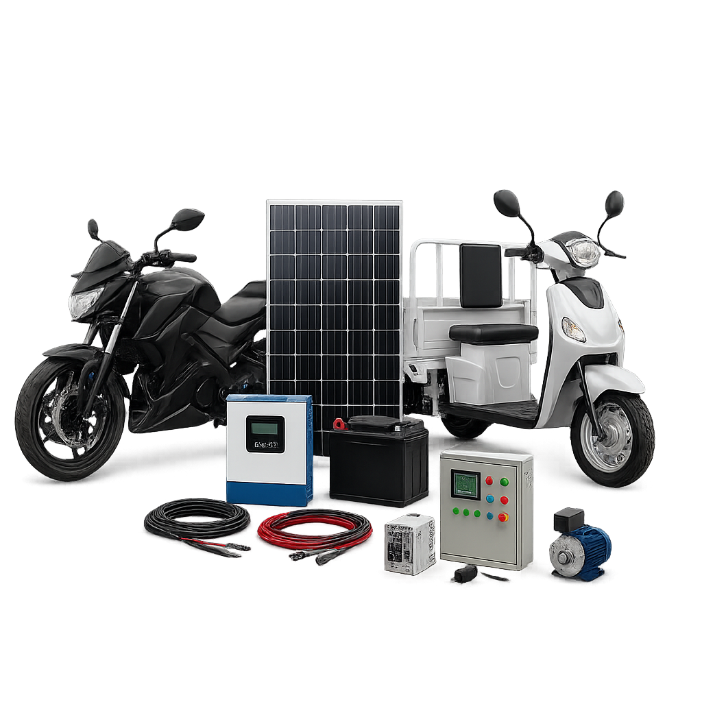 Productos de energía renovable y movilidad eléctrica, incluyendo una elegante motocicleta eléctrica, un triciclo eléctrico de carga, un kit de paneles solares con inversor, batería, cables y un conjunto de dispositivos de automatización industrial: un panel de control, una unidad PLC, sensores eléctricos y un pequeño motor eléctrico.